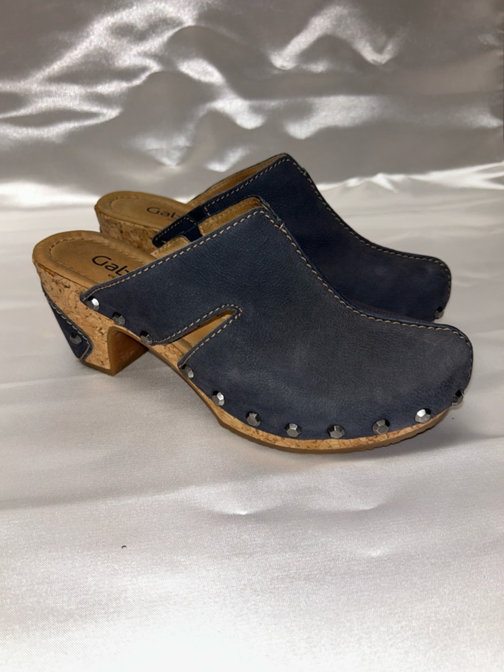 Gabor Navy Pebble Leather Studded Cork Clog Mules | Size US 8 / EU 38.5 / UK 5.5
